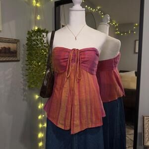 Ecote Sunset Boho Tie Front Tube Top - Pink & Orange Striped, Size Small, Lightw